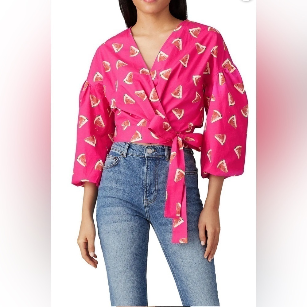 Color Me Courtney Pink Watermelon Puff Sleeve Emily Wrap Top Crop Size Small